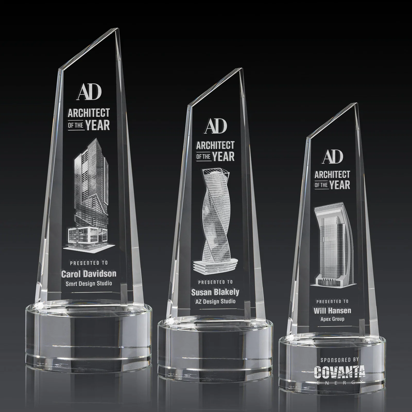 Custom Optical Crystal Trapezoidal Tower Award with 3D Subsurface Engraving for retirement presentations