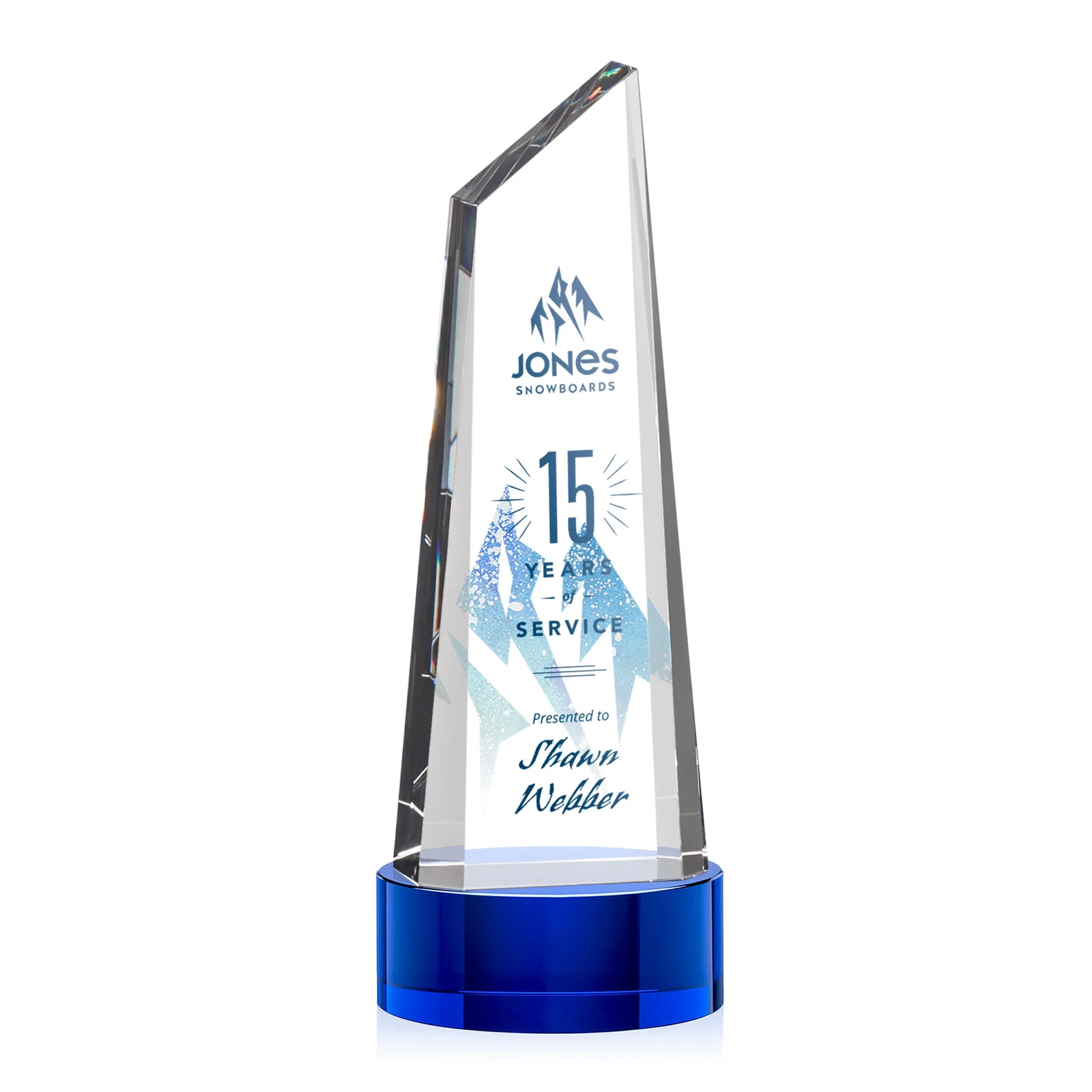 Custom printed Optical Crystal Trapezoidal Tower Award with 3D Subsurface Engraving for employee recognition