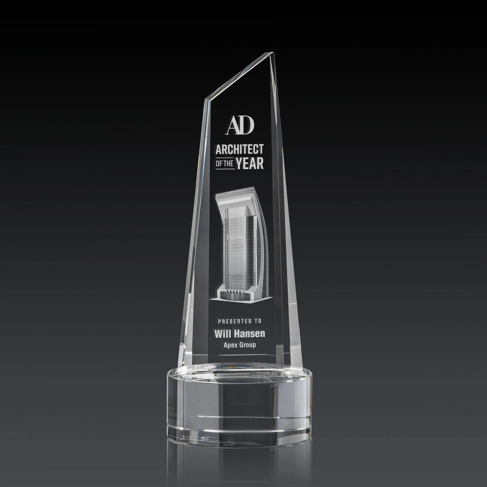 Custom Optical Crystal Trapezoidal Tower Award with 3D Subsurface Engraving for team milestone celebrations