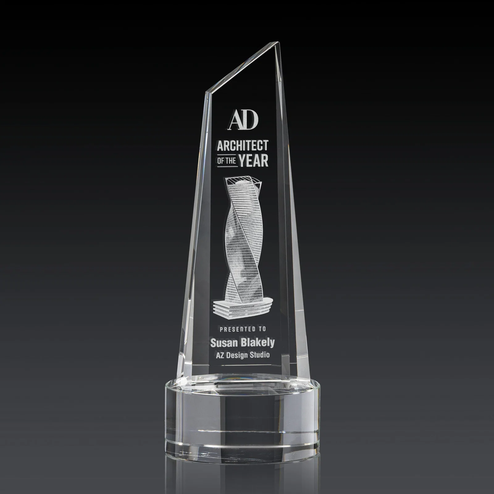 Custom Optical Crystal Trapezoidal Tower Award with 3D Subsurface Engraving for donor appreciation