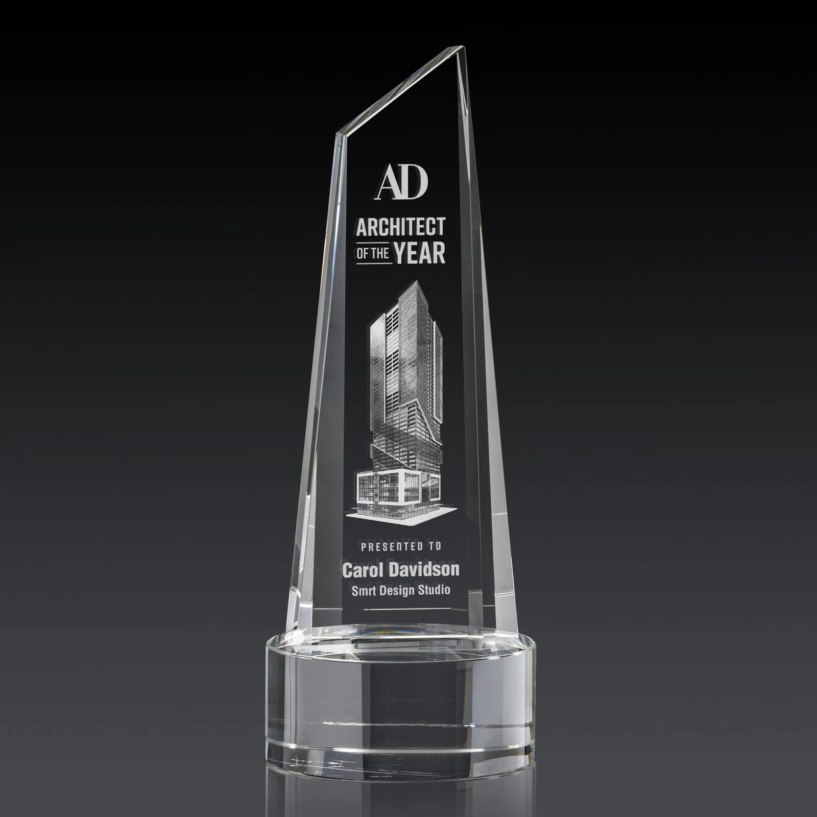 Custom Optical Crystal Trapezoidal Tower Award with 3D Subsurface Engraving for graduation ceremonies
