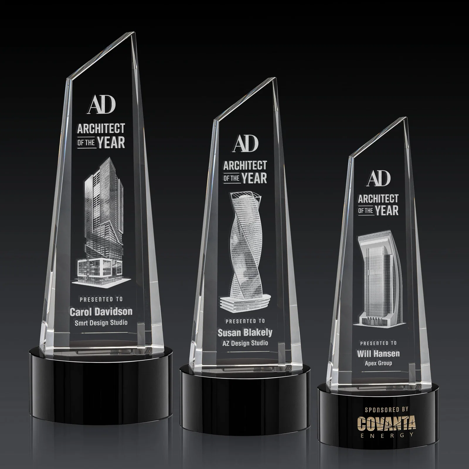 Custom Optical Crystal Trapezoidal Tower Award with 3D Subsurface Engraving for safety achievement programs