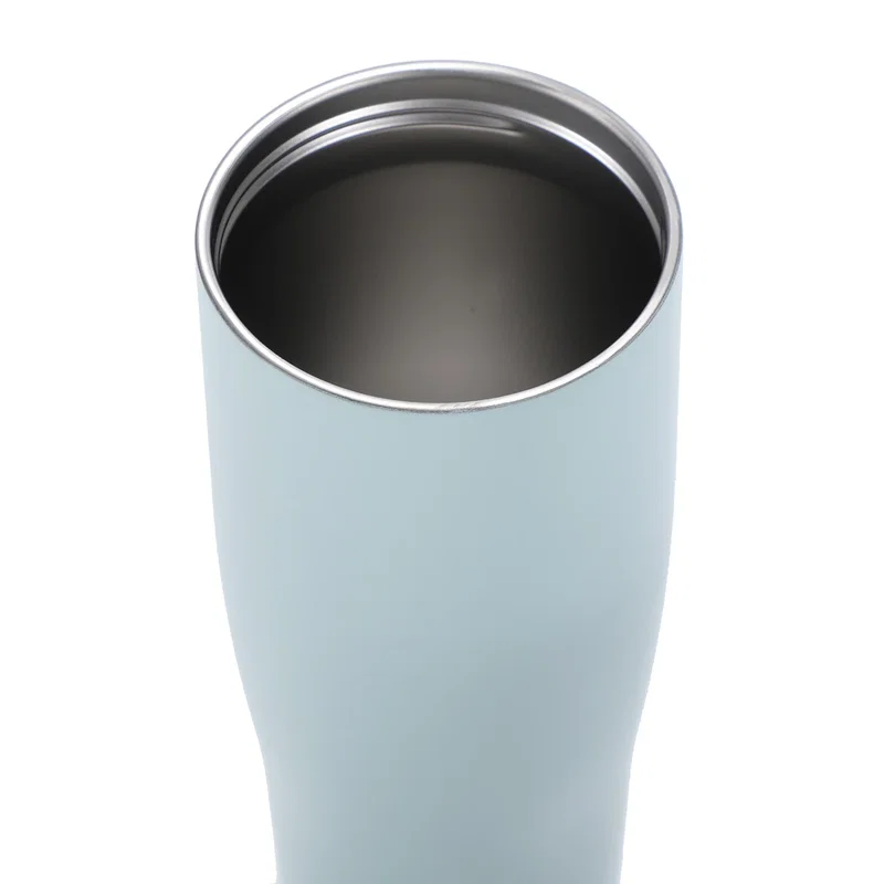 Angled view of the branded Alaia 30 oz Recycled Stainless Steel Tumbler