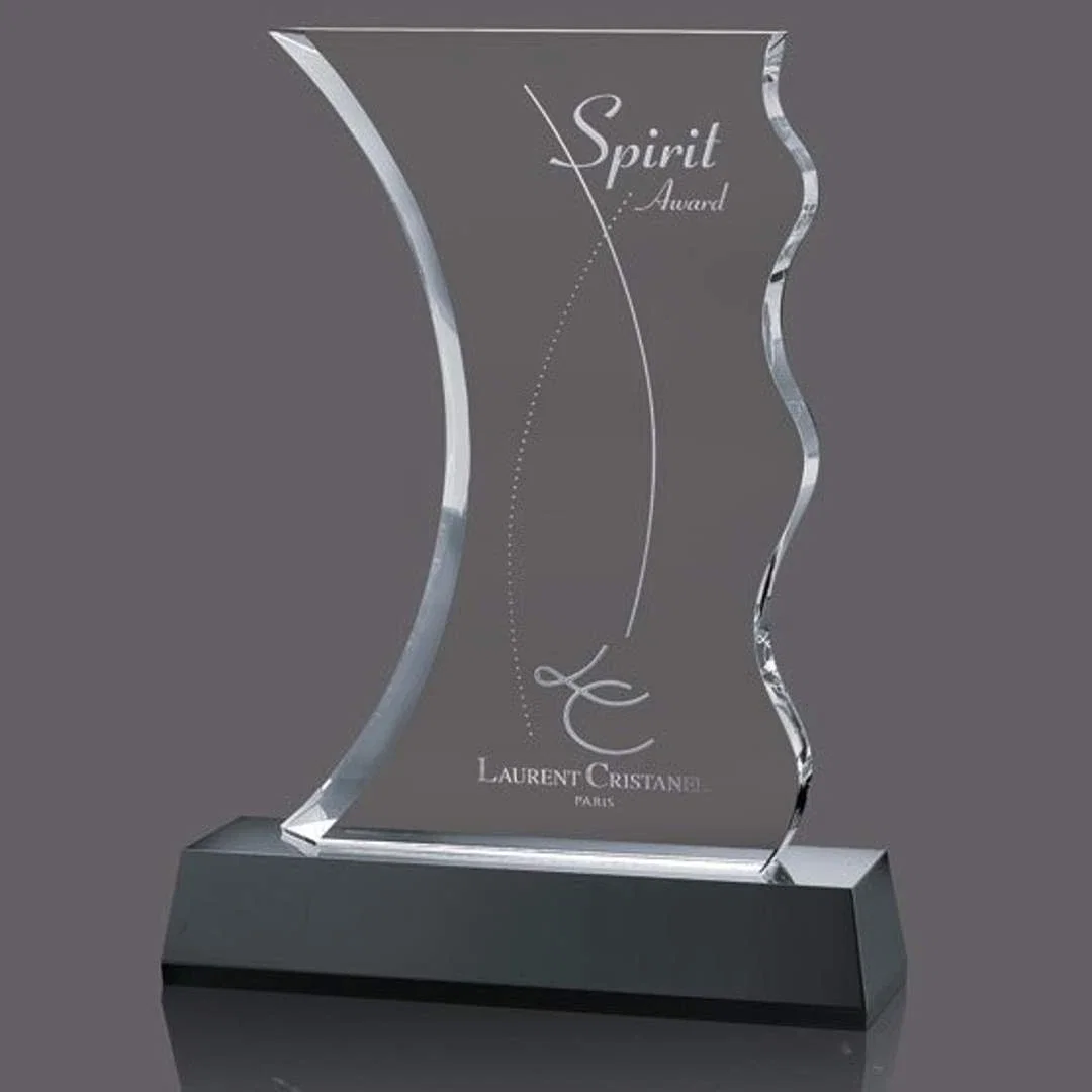 Custom Sculpted Optical Crystal Award with a Blue or Black Base Choice, awards for employee recognition