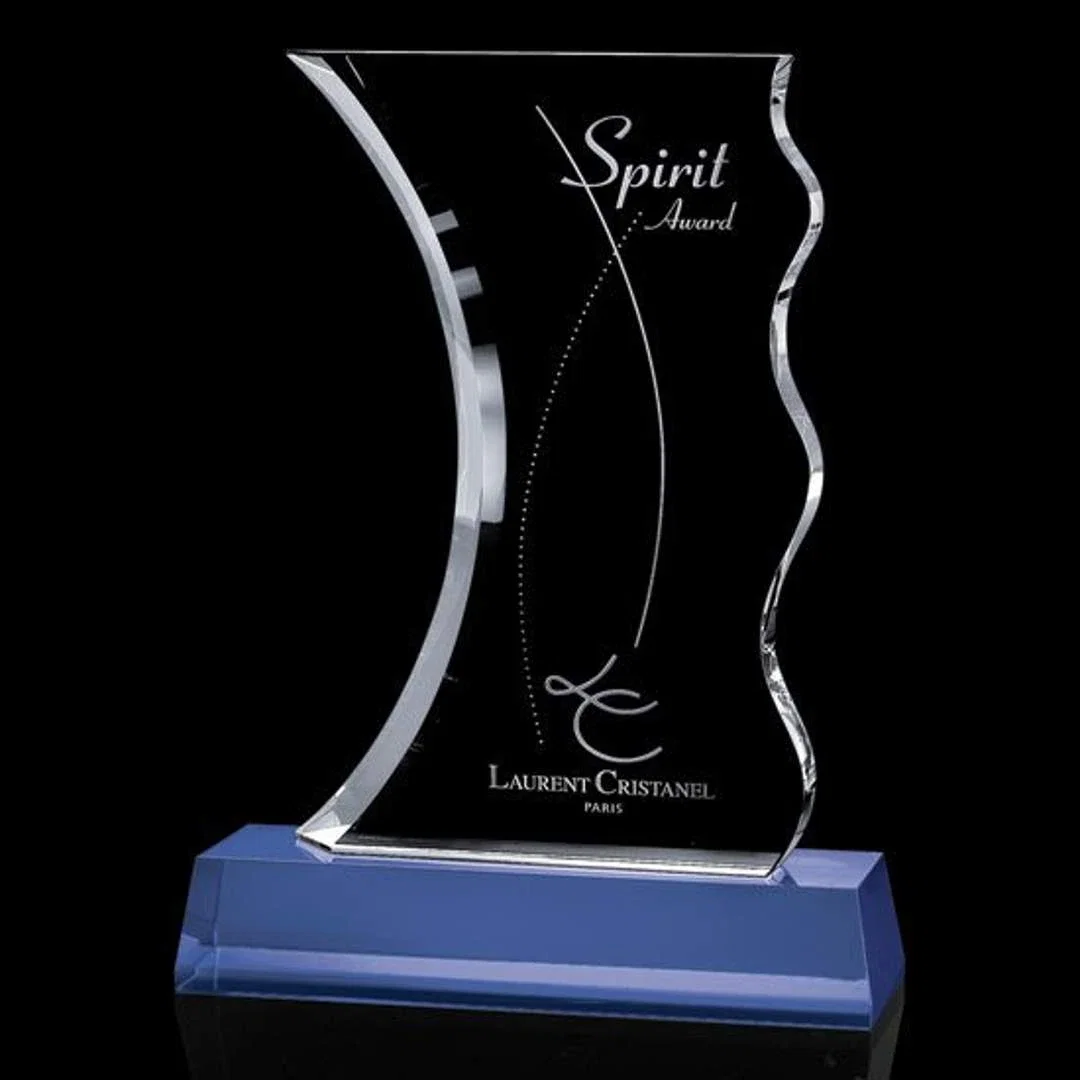 Custom Sculpted Optical Crystal Award with a Blue or Black Base Choice, awards for corporate award ceremonies