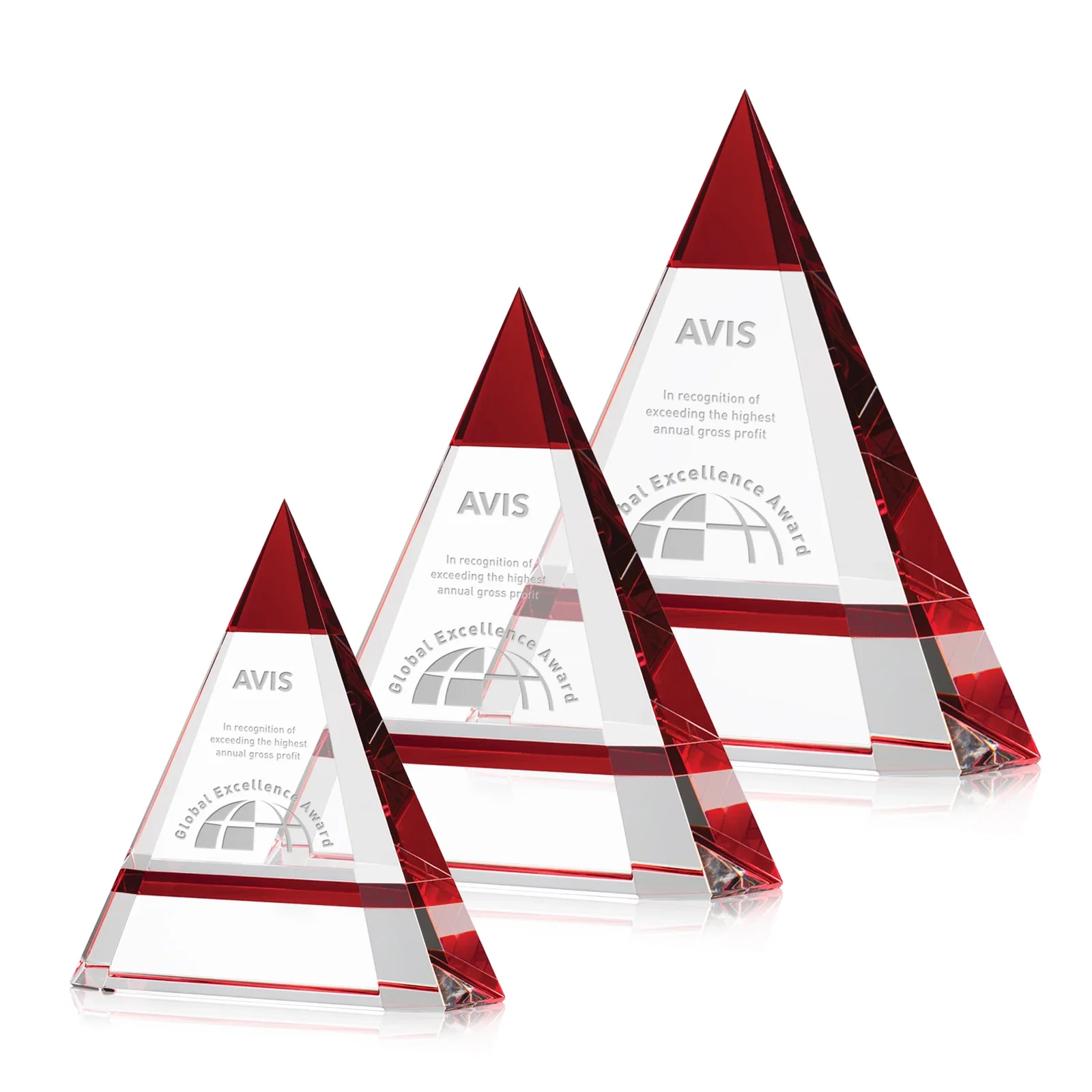 Custom Optical Crystal Pyramid Award with a Red Edge Accent for employee recognition