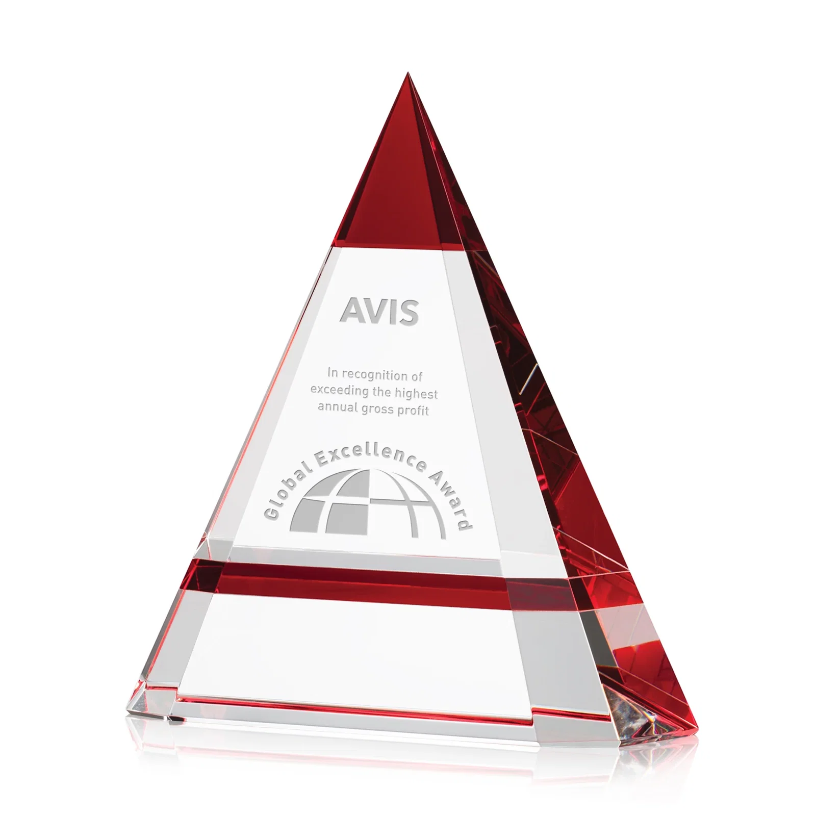Custom Optical Crystal Pyramid Award with a Red Edge Accent for corporate award ceremonies