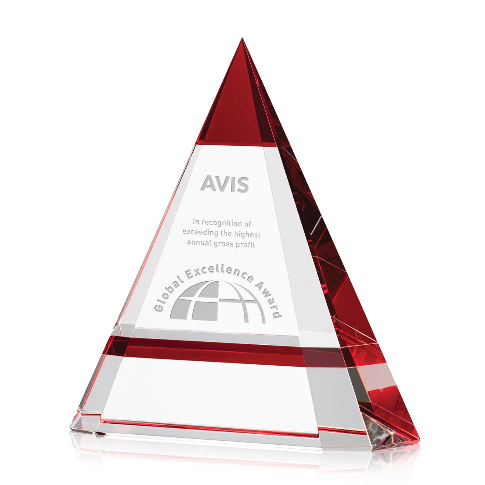 Custom Optical Crystal Pyramid Award with a Red Edge Accent for service anniversary gifts