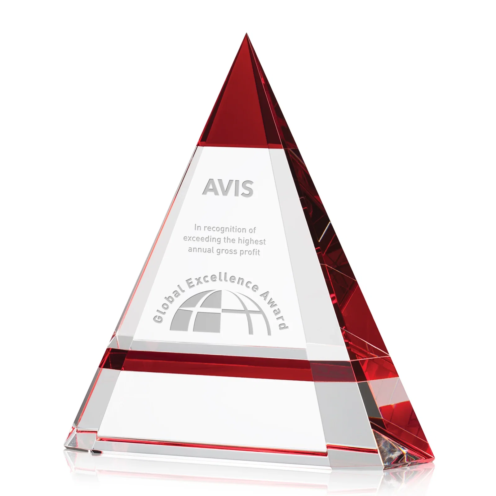Custom Optical Crystal Pyramid Award with a Red Edge Accent for sales achievement awards
