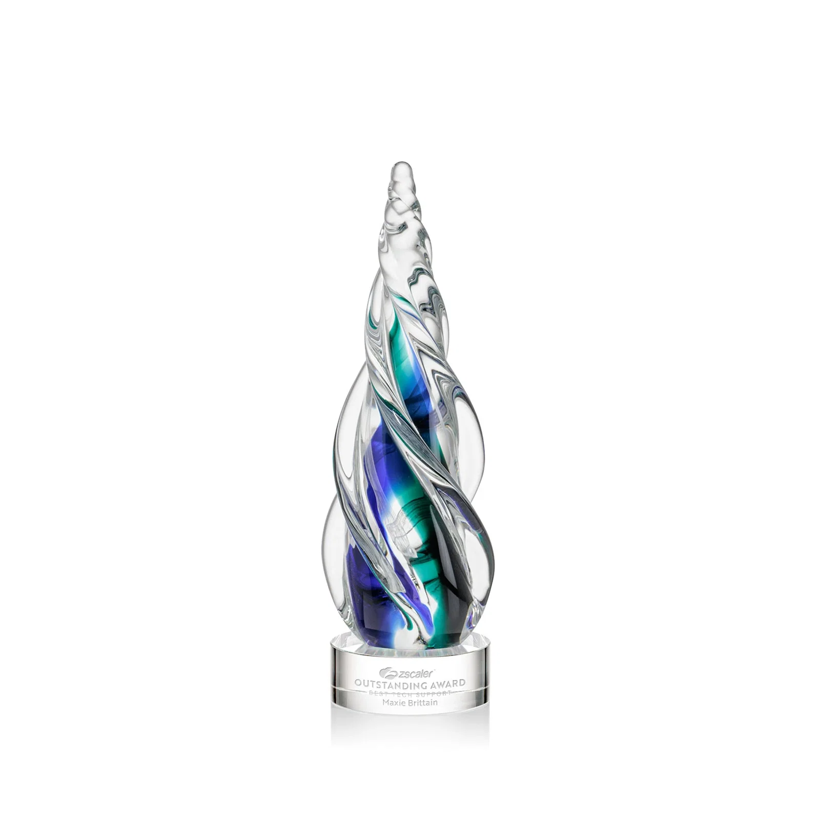 Custom Blue and Green Glass Teardrop Award With a Horn-Like Point for volunteer appreciation