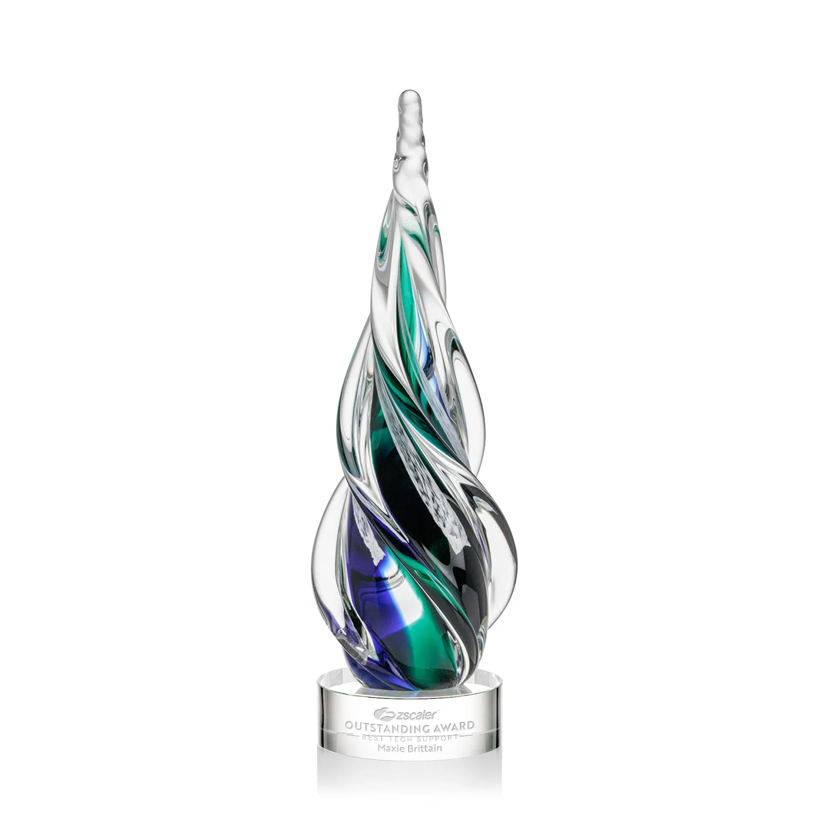Custom Blue and Green Glass Teardrop Award With a Horn-Like Point for dealer and partner awards