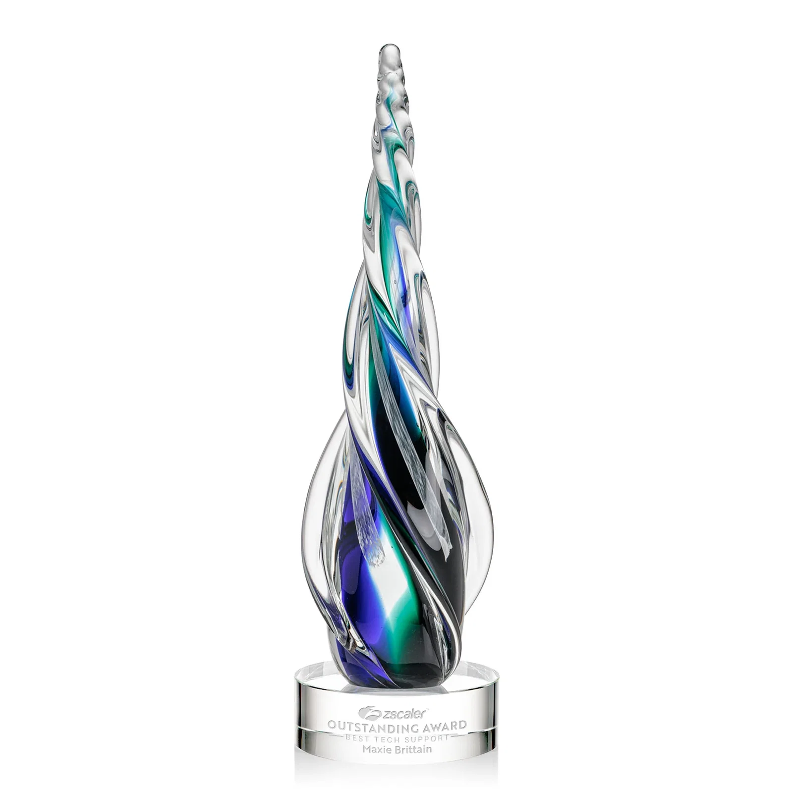 Custom Blue and Green Glass Teardrop Award With a Horn-Like Point for company anniversary events