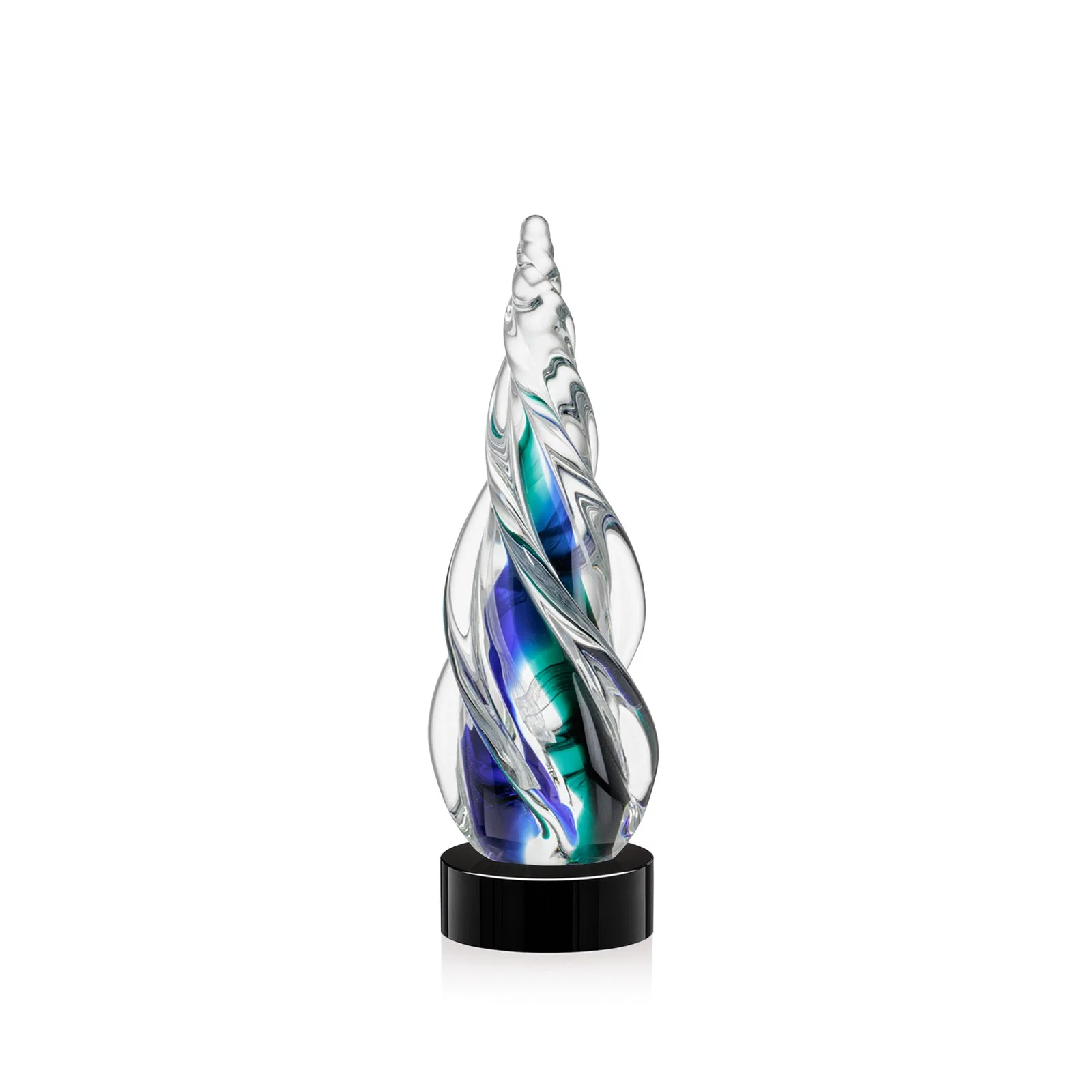 Personalized Blue and Green Glass Teardrop Award With a Horn-Like Point for employee recognition