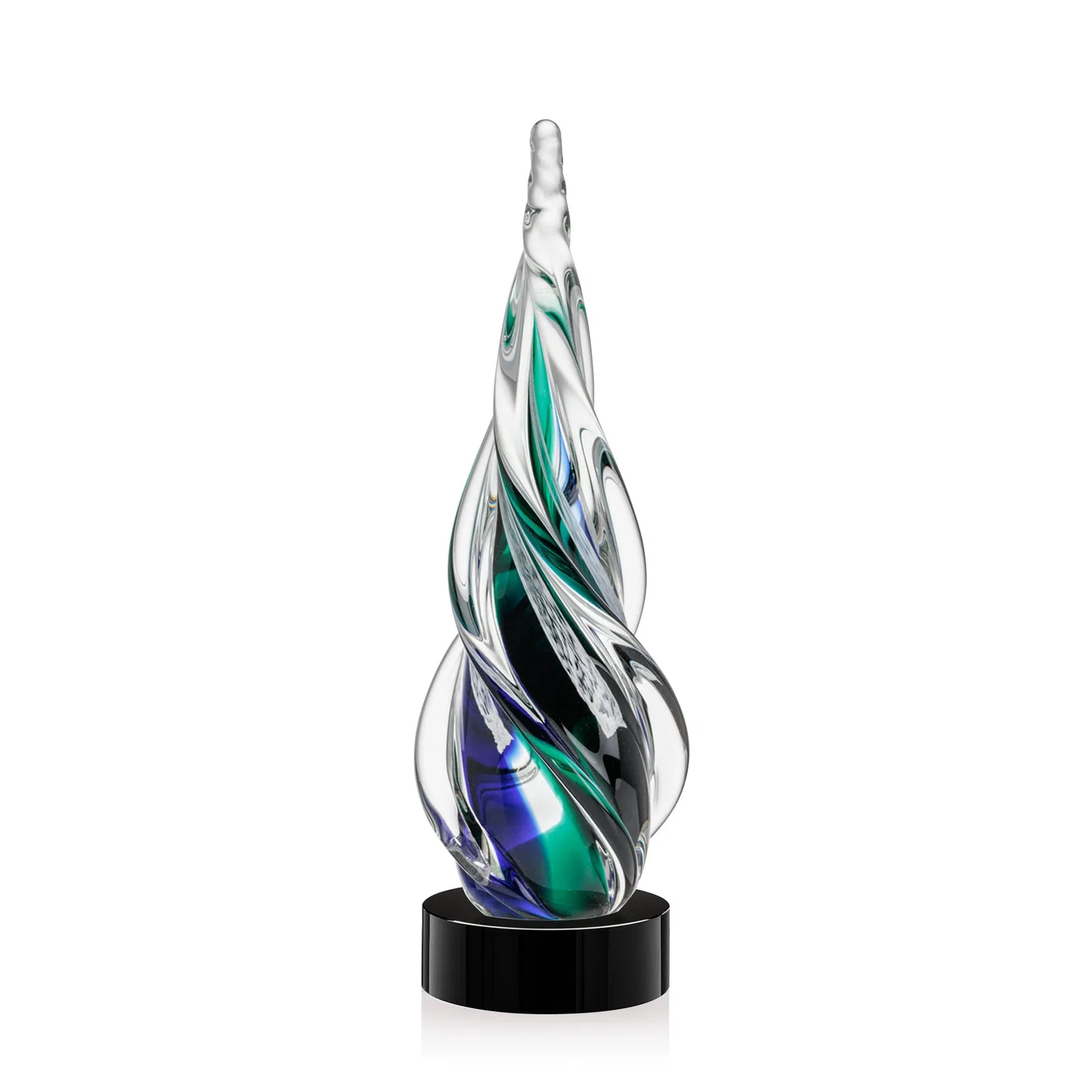 Personalized Blue and Green Glass Teardrop Award With a Horn-Like Point for corporate award ceremonies