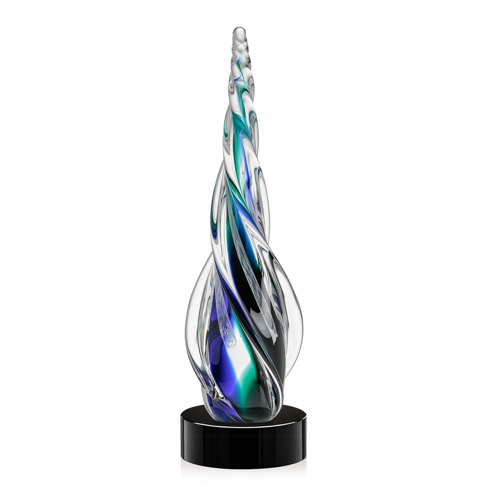 Personalized Blue and Green Glass Teardrop Award With a Horn-Like Point for service anniversary gifts