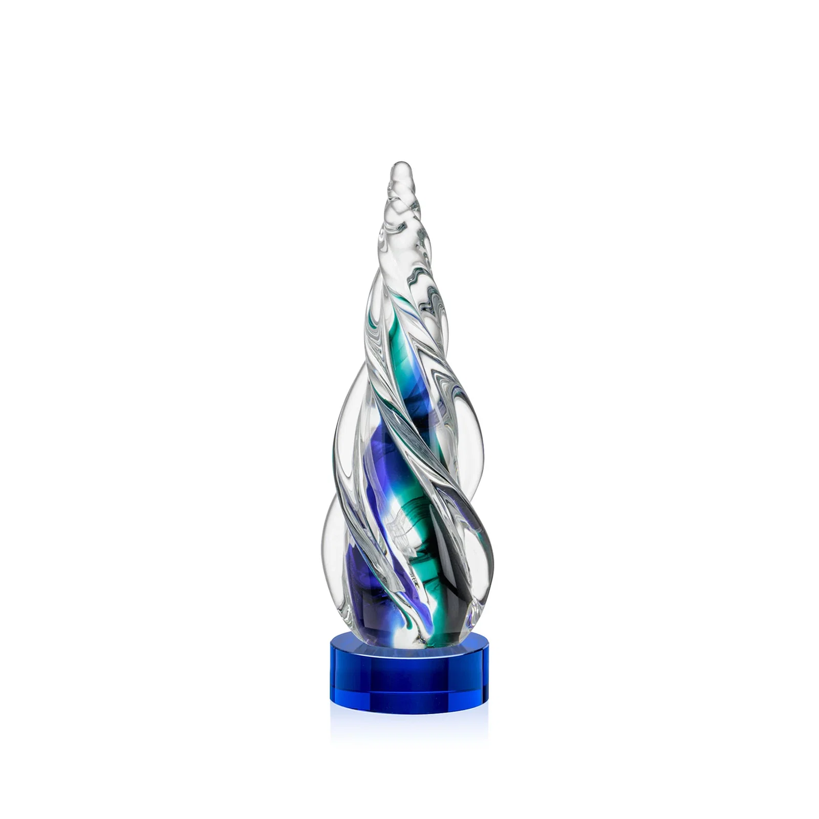 Personalized Blue and Green Glass Teardrop Award With a Horn-Like Point for sales achievement awards
