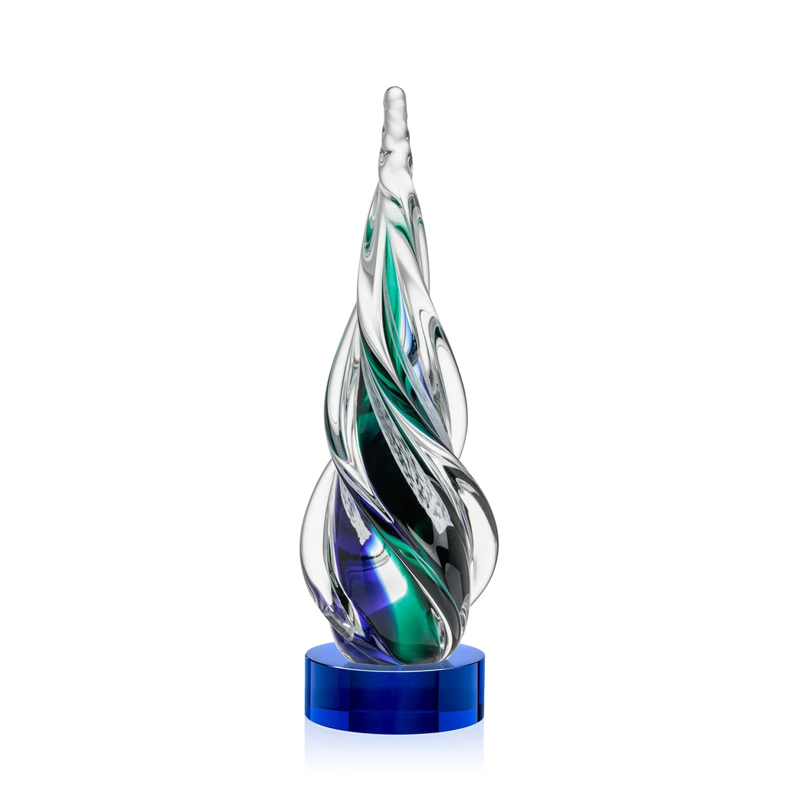 Personalized Blue and Green Glass Teardrop Award With a Horn-Like Point for retirement presentations