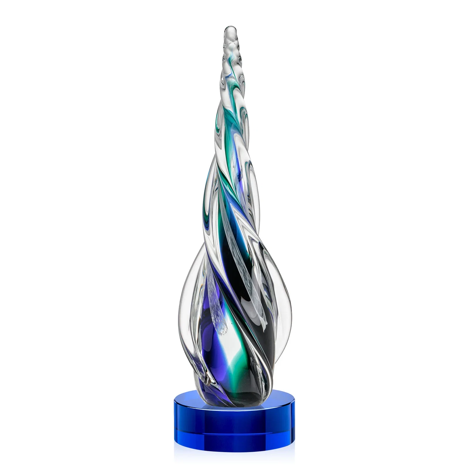 Personalized Blue and Green Glass Teardrop Award With a Horn-Like Point for team milestone celebrations