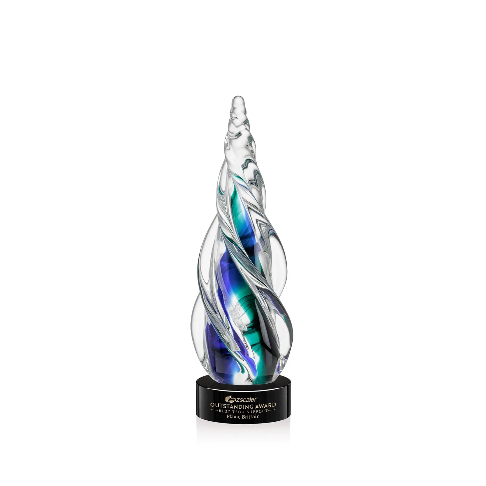 Custom Blue and Green Glass Teardrop Award With a Horn-Like Point for corporate award ceremonies