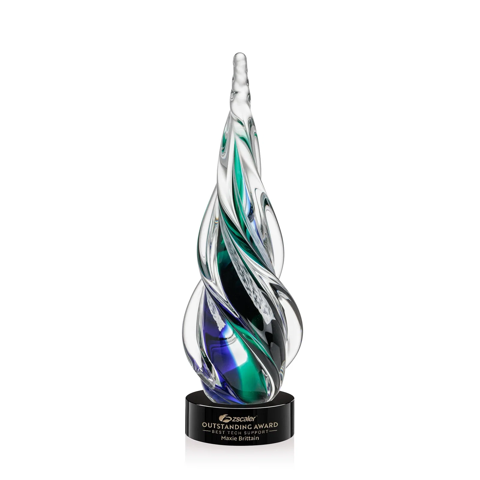 Custom Blue and Green Glass Teardrop Award With a Horn-Like Point for service anniversary gifts