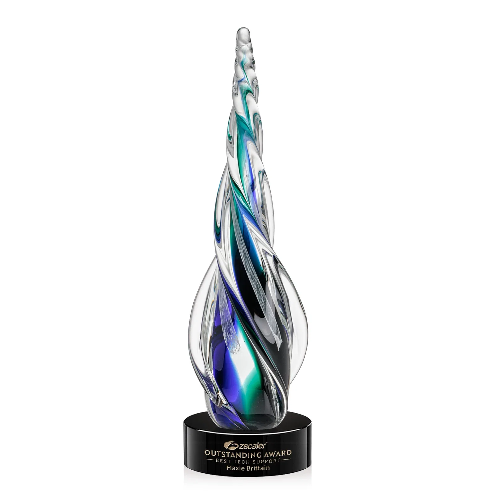 Custom Blue and Green Glass Teardrop Award With a Horn-Like Point for sales achievement awards