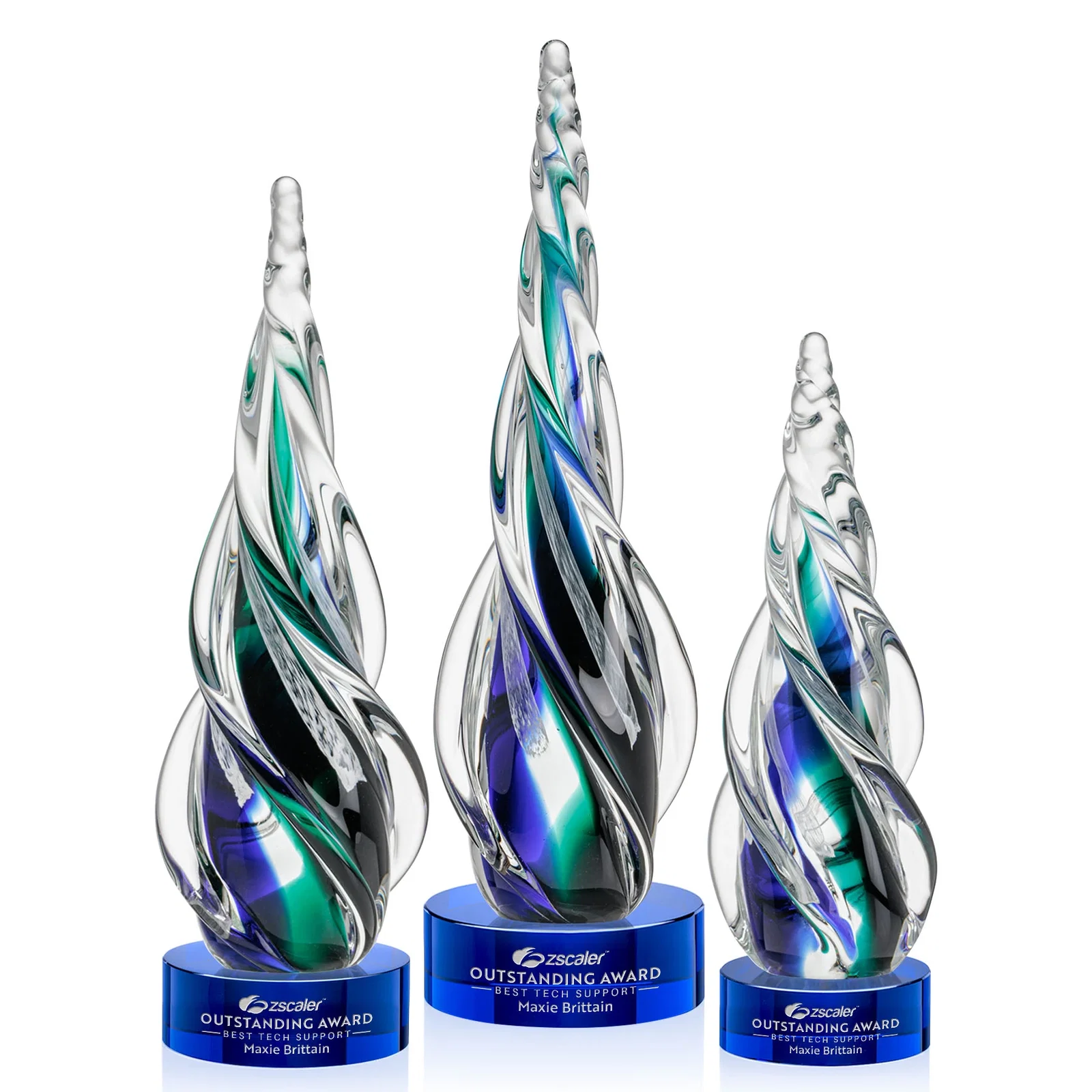 Custom Blue and Green Glass Teardrop Award With a Horn-Like Point for retirement presentations