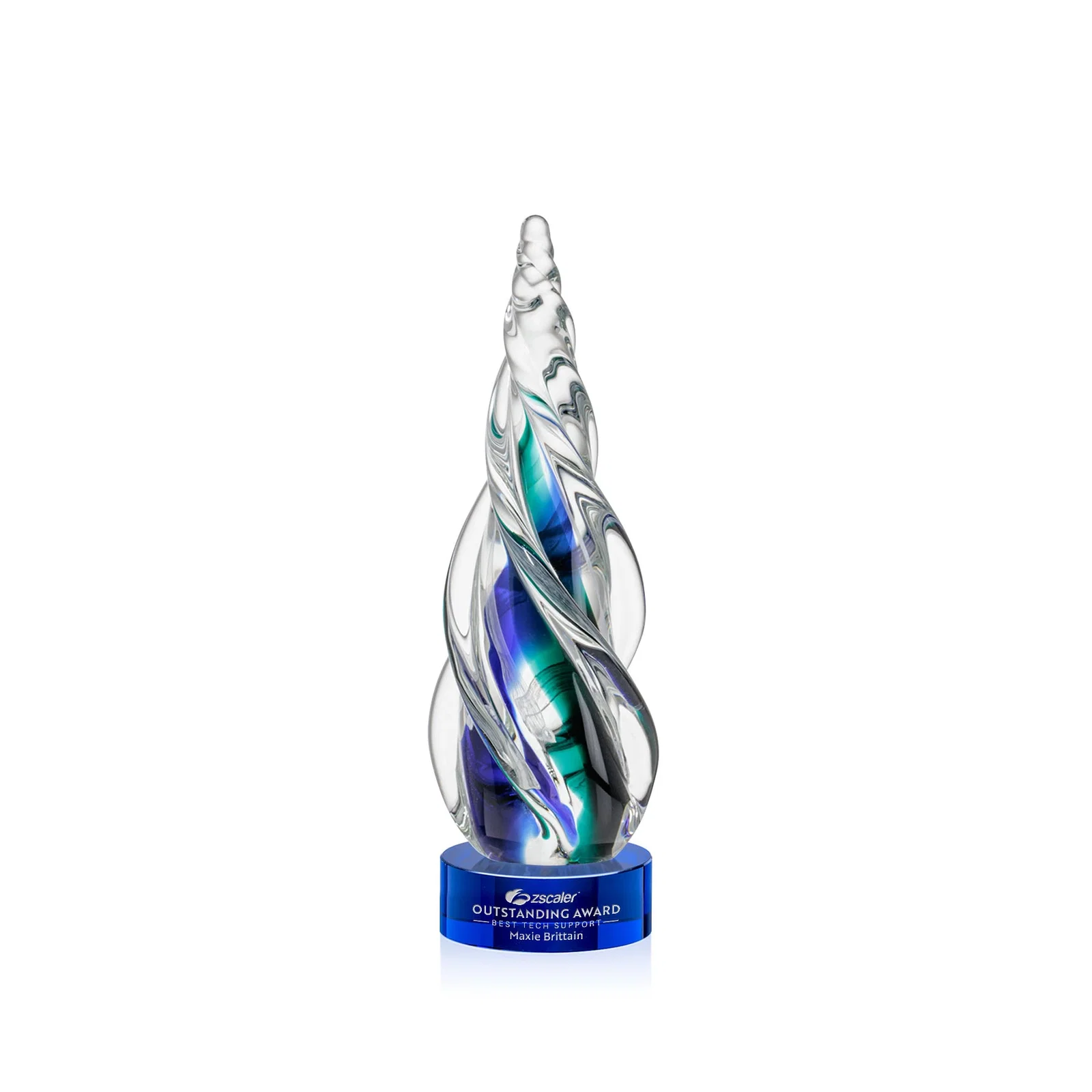 Custom Blue and Green Glass Teardrop Award With a Horn-Like Point for team milestone celebrations