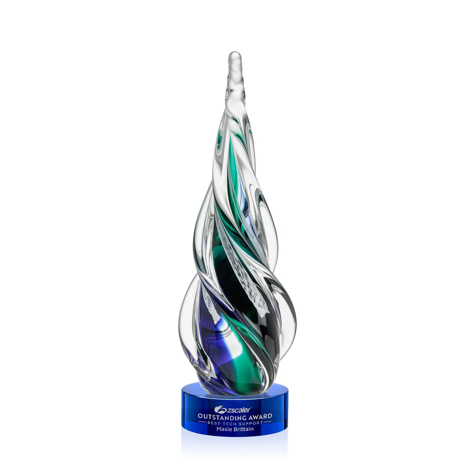 Custom Blue and Green Glass Teardrop Award With a Horn-Like Point for donor appreciation