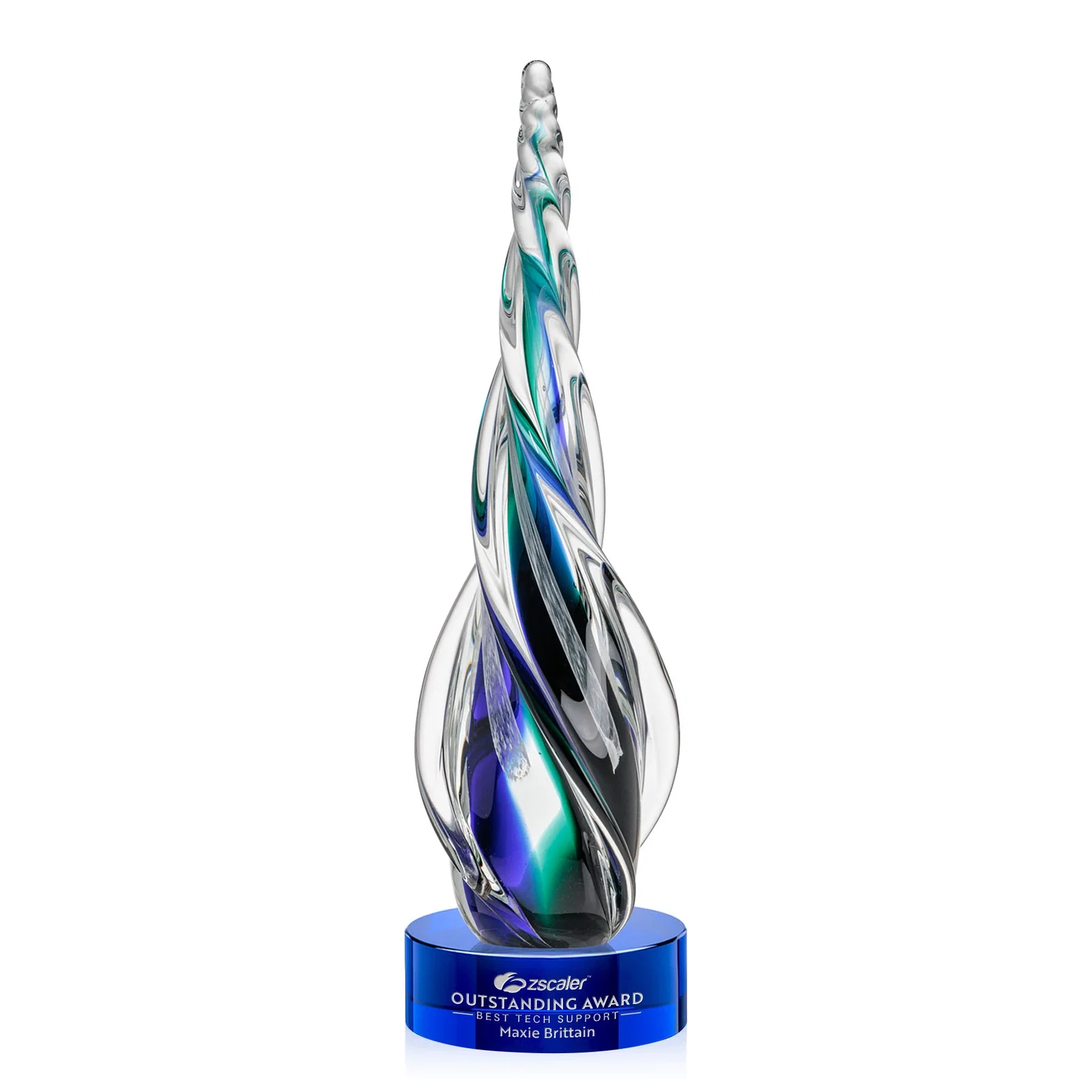 Custom Blue and Green Glass Teardrop Award With a Horn-Like Point for graduation ceremonies