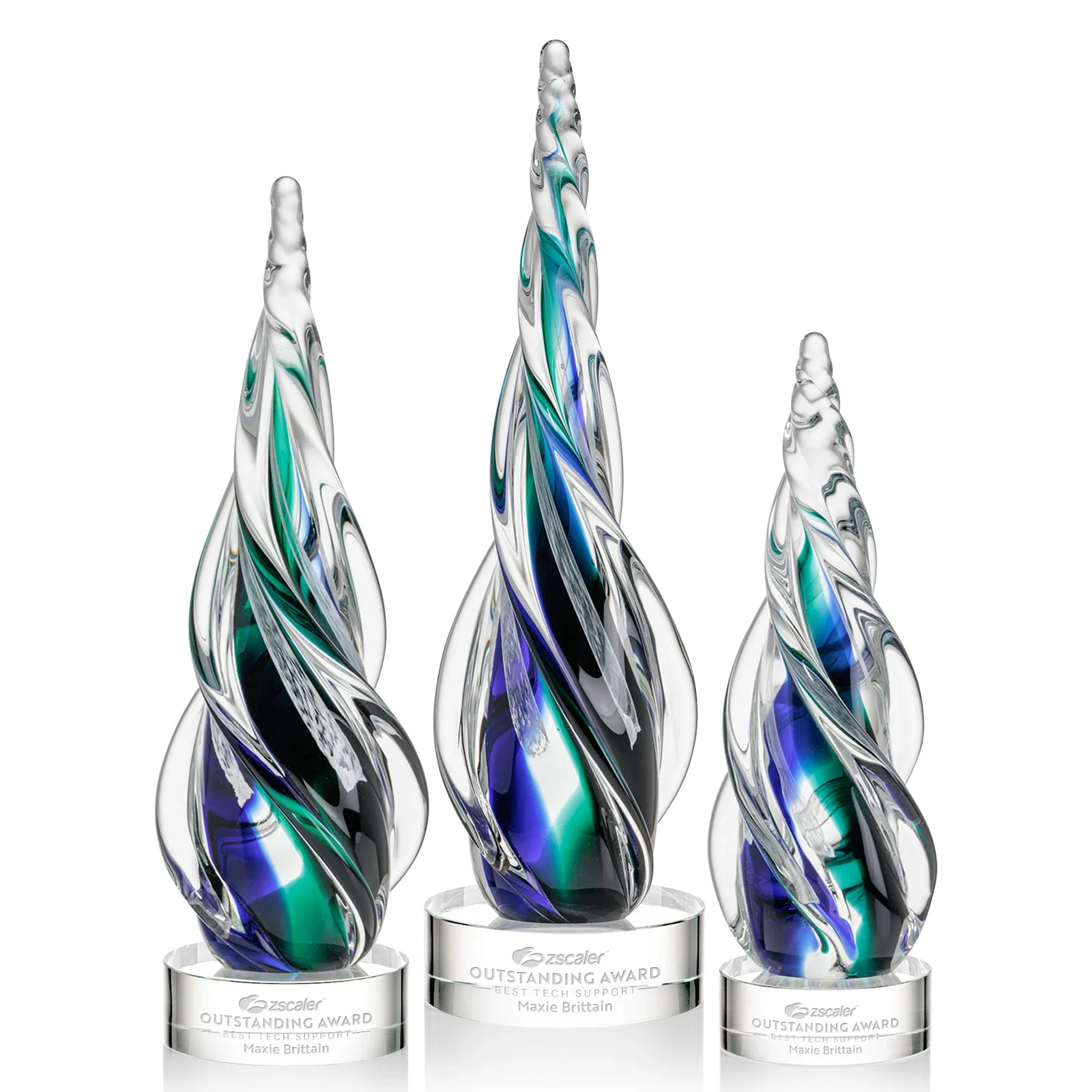 Custom Blue and Green Glass Teardrop Award With a Horn-Like Point for safety achievement programs