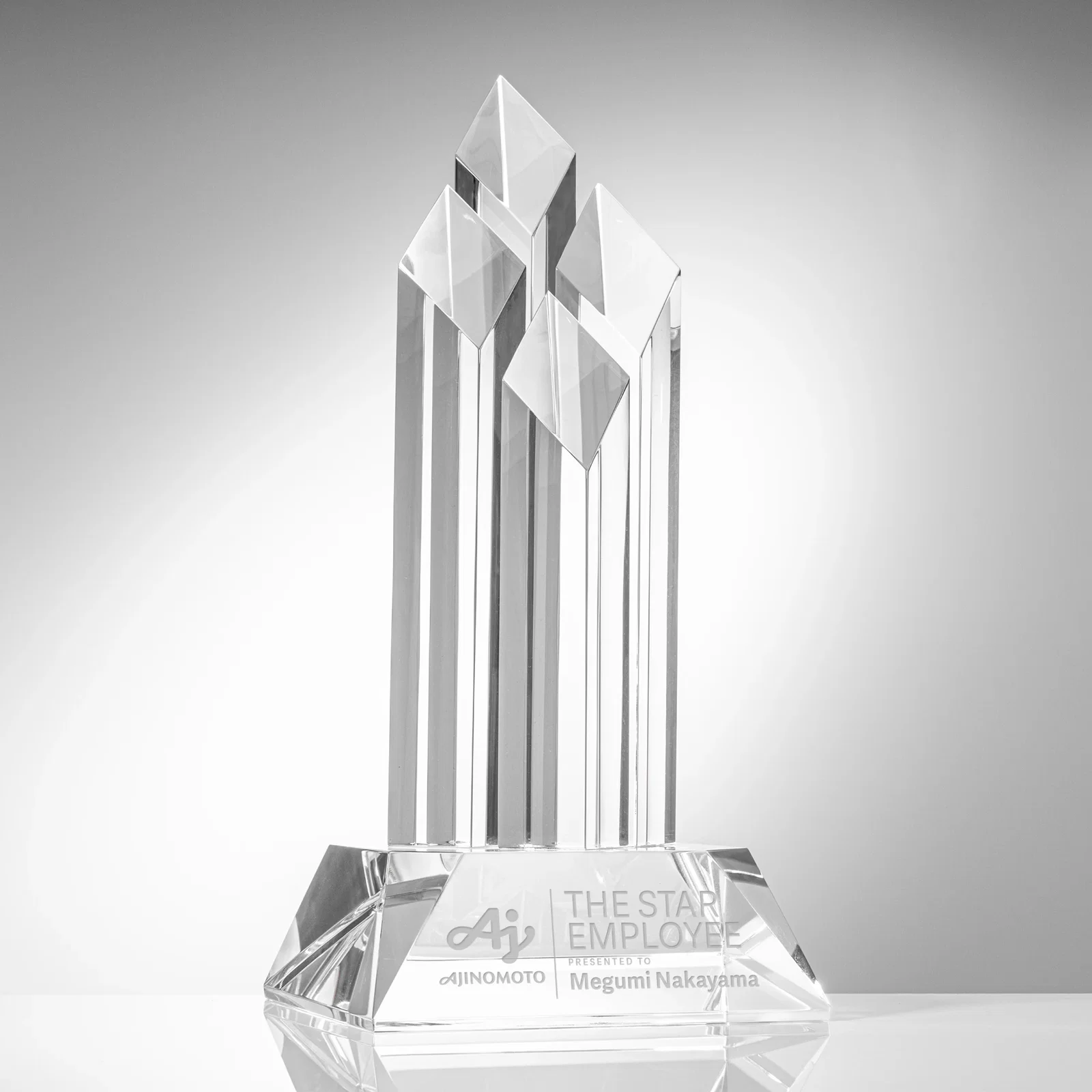 Custom Four-Pillar Diamond Optical Crystal Award on Beveled Base for employee recognition