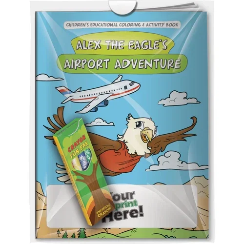 Alex the Eagle's Airport Adventure coloring book with imprinted 4-pack crayons combo set