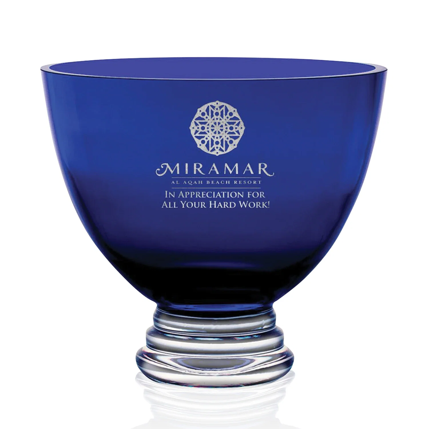 Custom Blue Glass Footed Bowl Award, crystal vase for service anniversary gifts