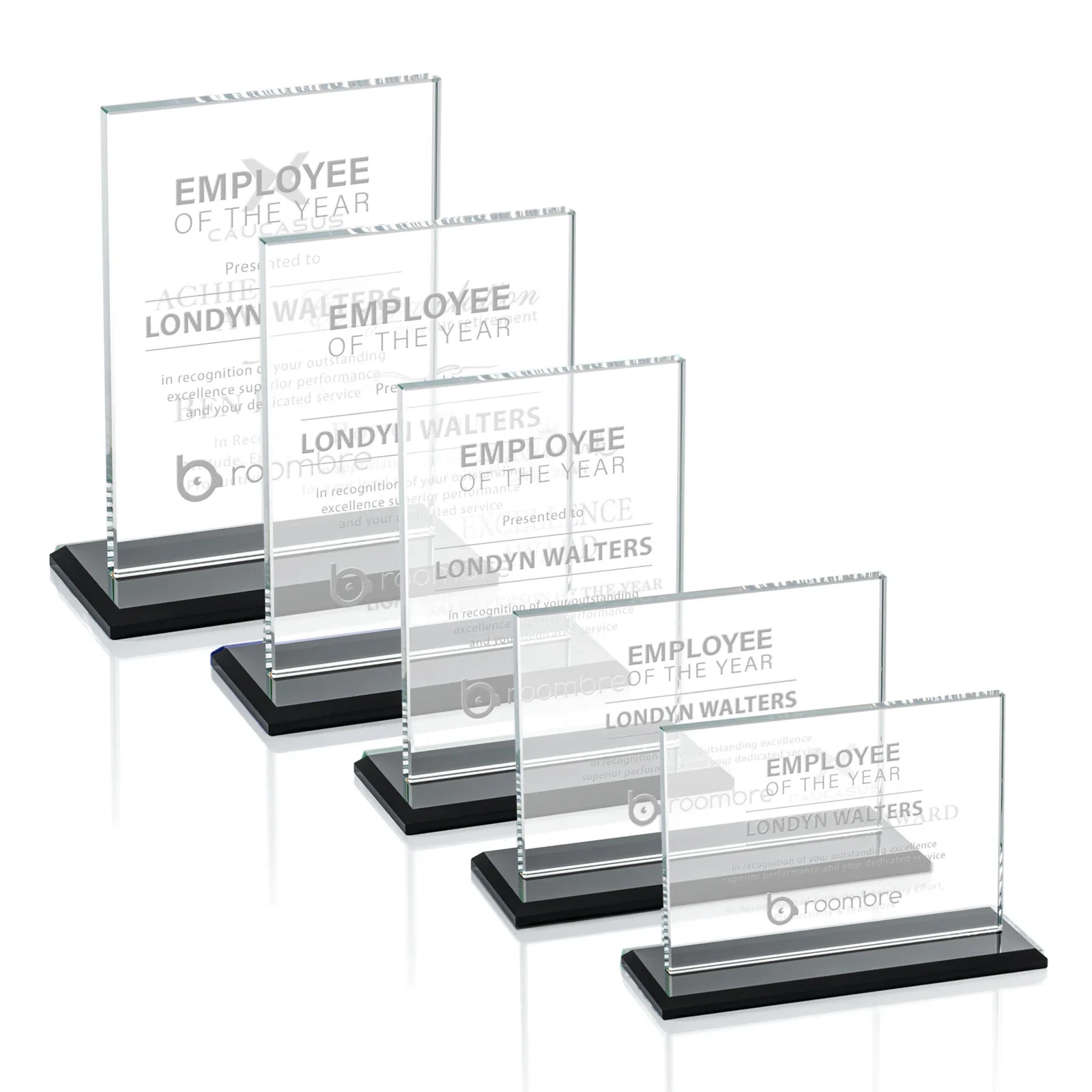 Custom Flat-Edged Starfire Rectangle on Ebony Base, awards for employee recognition