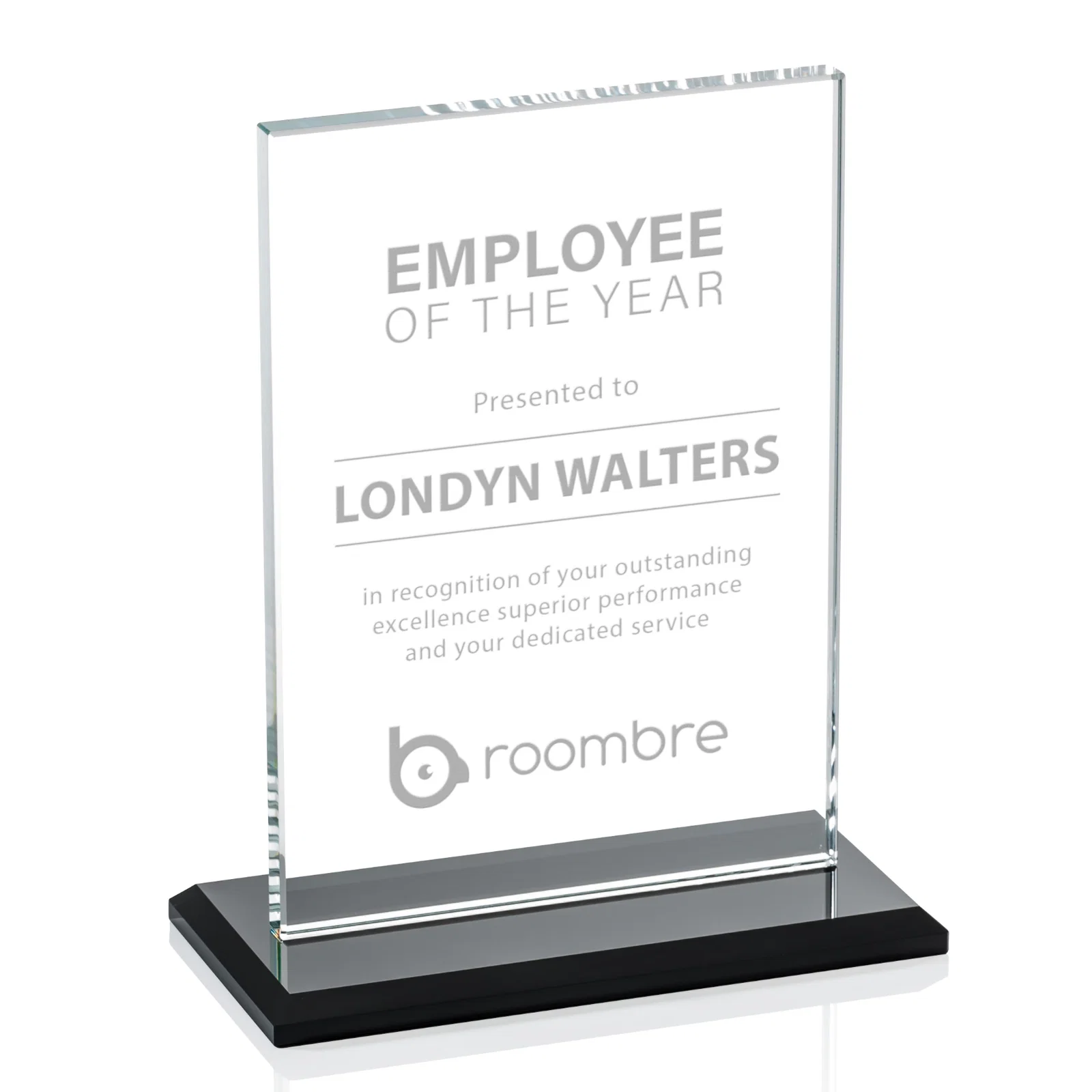Custom Flat-Edged Starfire Rectangle on Ebony Base, awards for volunteer appreciation