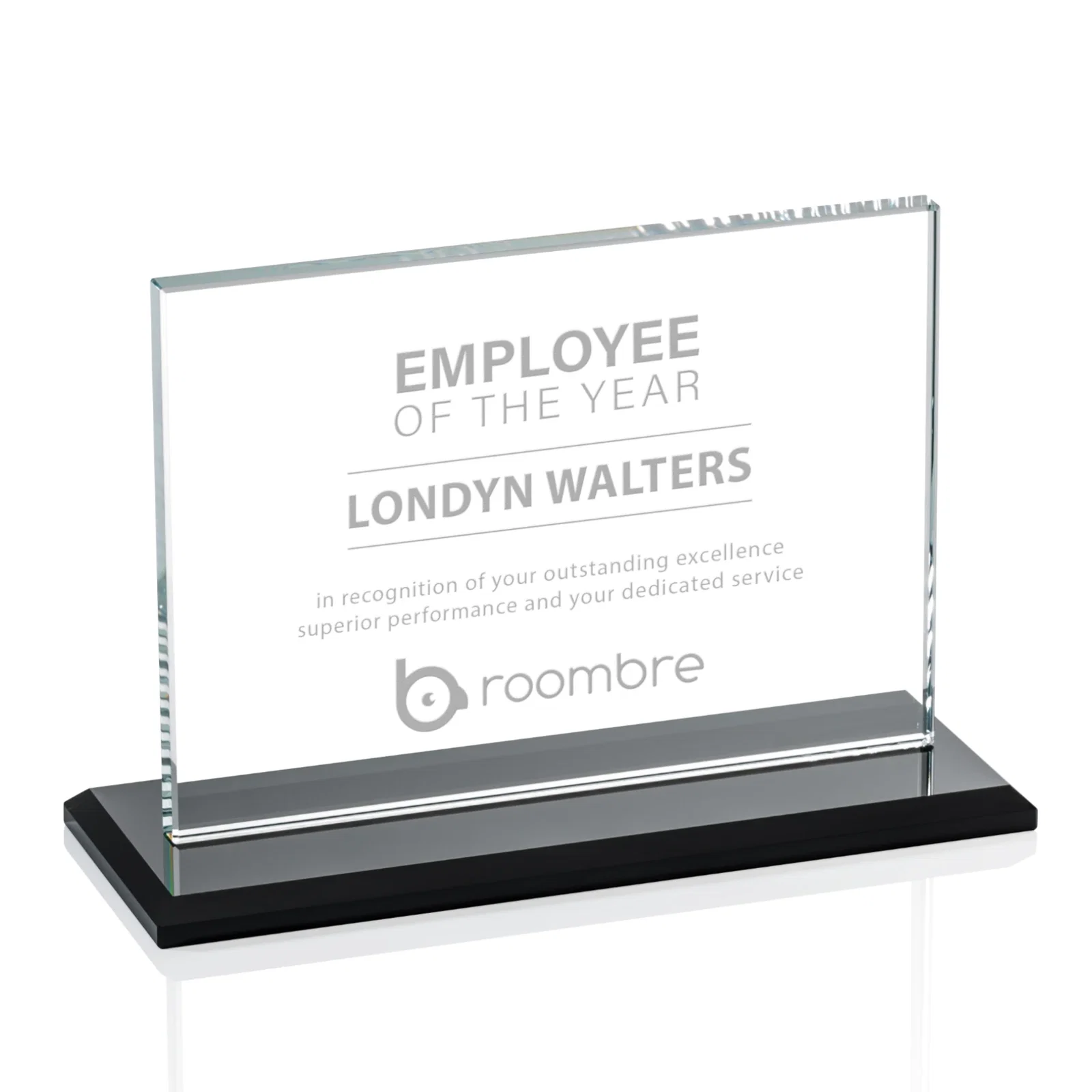 Custom Flat-Edged Starfire Rectangle on Ebony Base, awards for dealer and partner awards