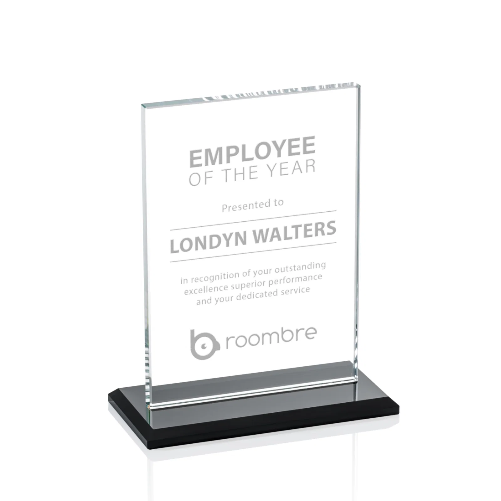 Custom Flat-Edged Starfire Rectangle on Ebony Base, awards for corporate award ceremonies