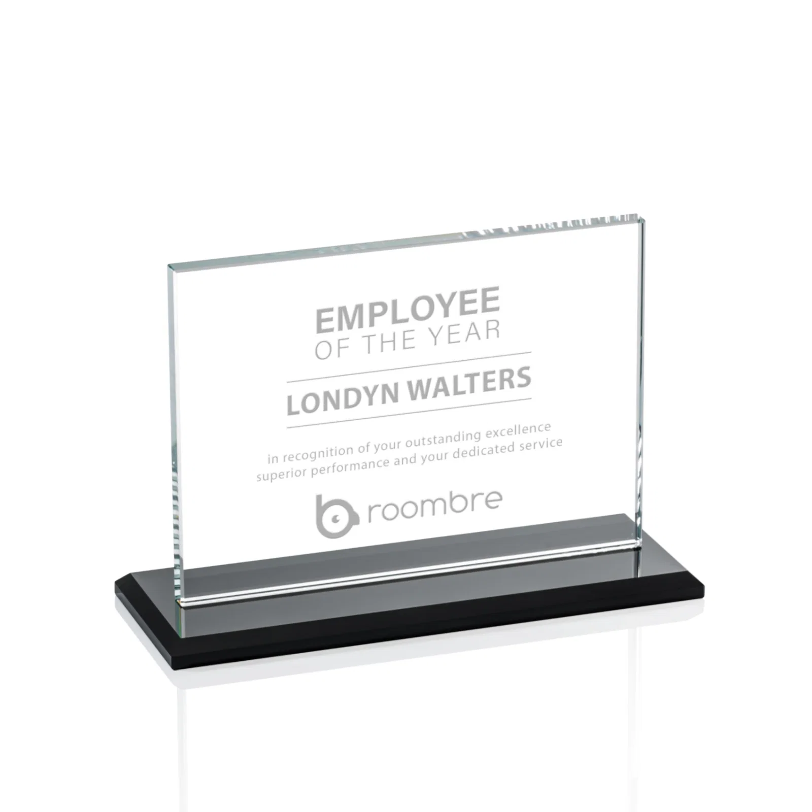 Custom Flat-Edged Starfire Rectangle on Ebony Base, awards for service anniversary gifts