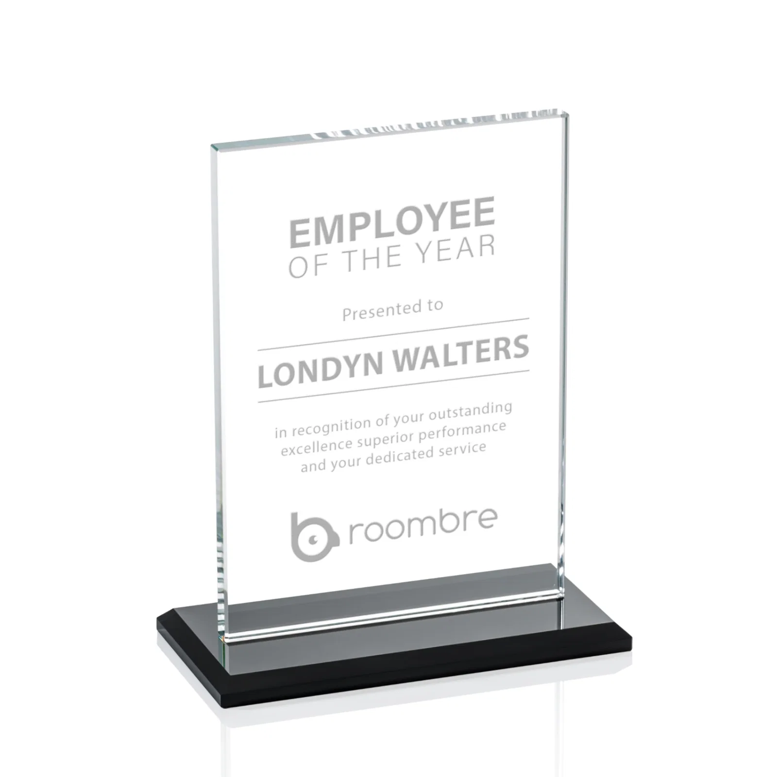 Custom Flat-Edged Starfire Rectangle on Ebony Base, awards for sales achievement awards