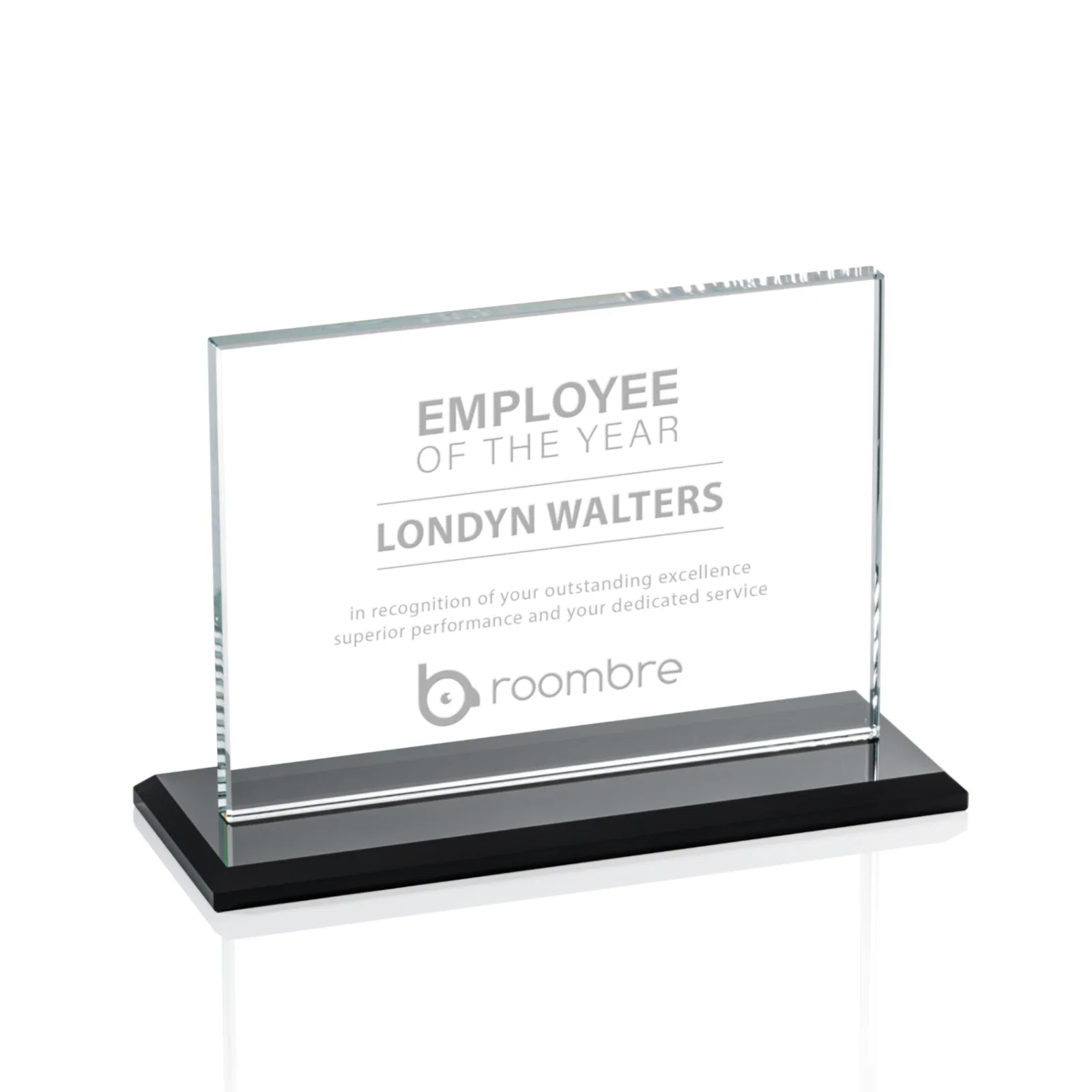 Custom Flat-Edged Starfire Rectangle on Ebony Base, awards for retirement presentations