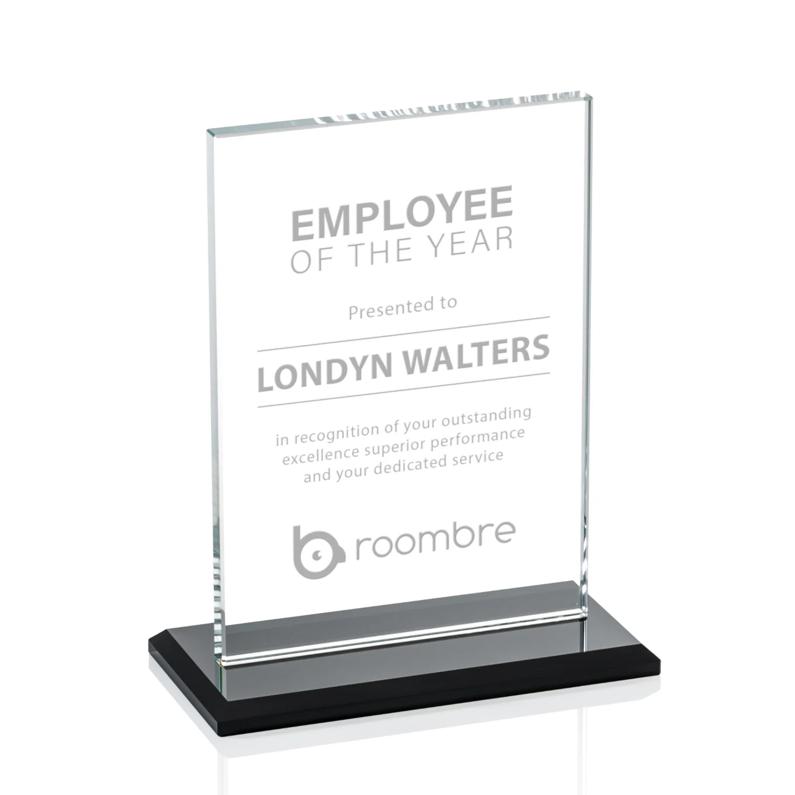 Custom Flat-Edged Starfire Rectangle on Ebony Base, awards for team milestone celebrations