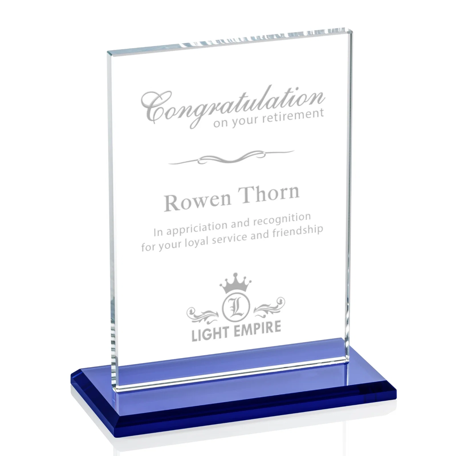 Custom Starfire Crystal Rectangle Award on Sapphire Blue Base, awards for volunteer appreciation
