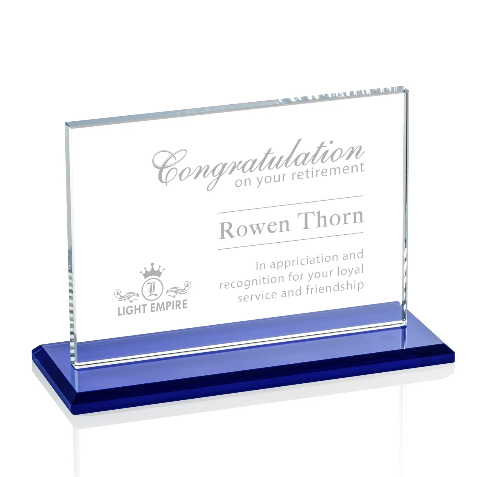 Custom Starfire Crystal Rectangle Award on Sapphire Blue Base, awards for dealer and partner awards