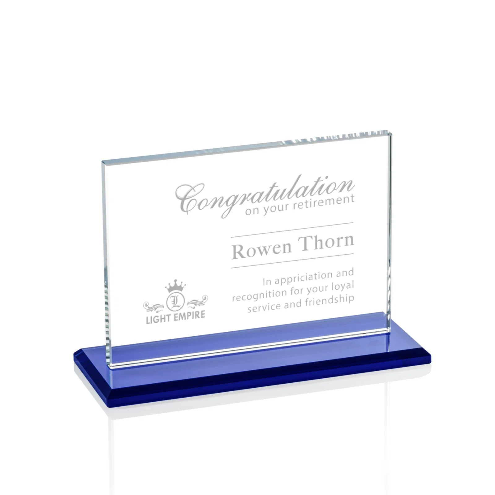 Custom Starfire Crystal Rectangle Award on Sapphire Blue Base, awards for service anniversary gifts