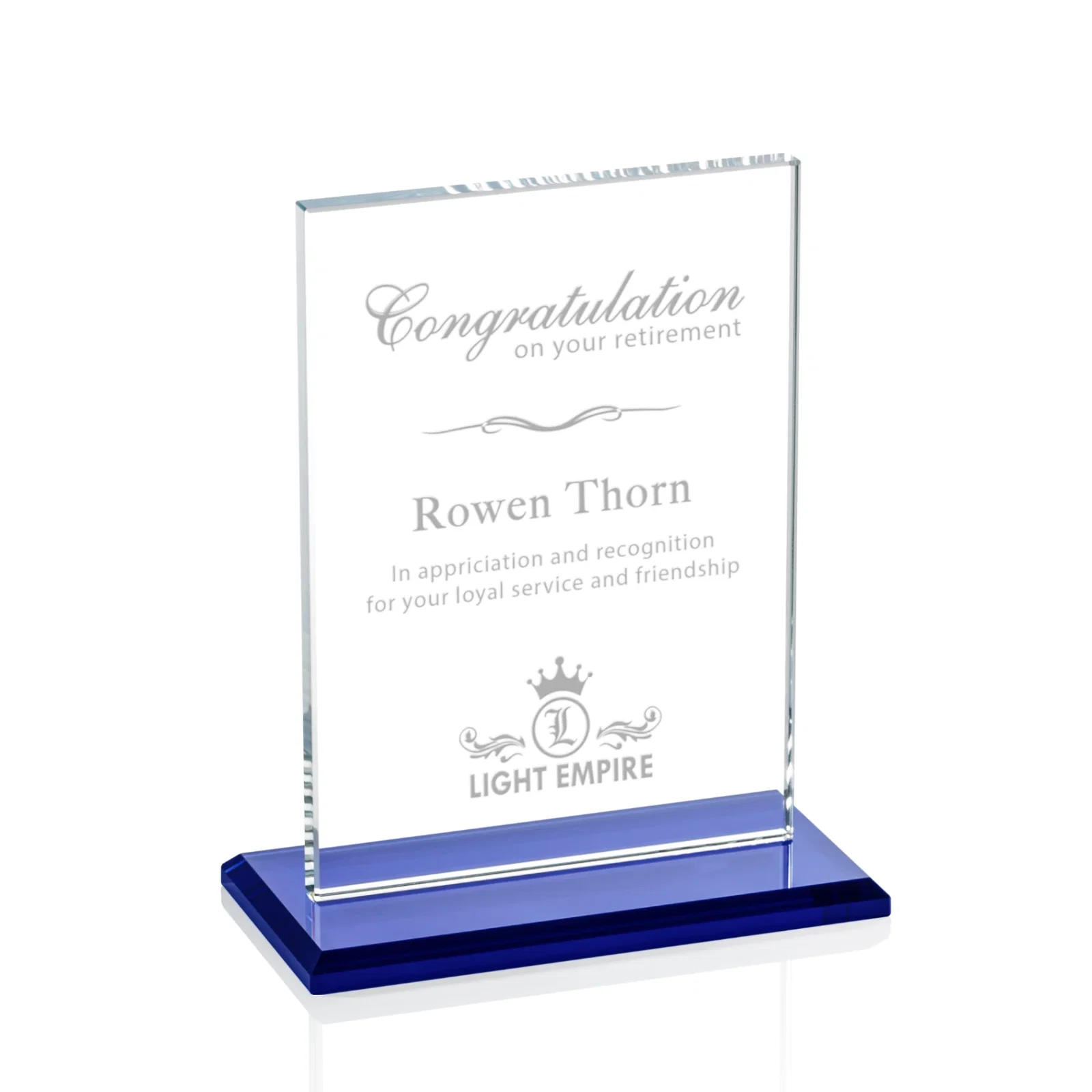Custom Starfire Crystal Rectangle Award on Sapphire Blue Base, awards for sales achievement awards