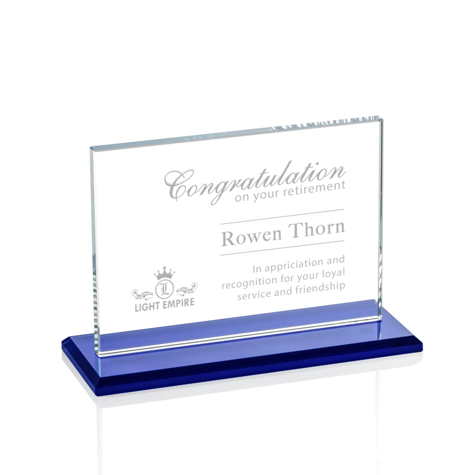 Custom Starfire Crystal Rectangle Award on Sapphire Blue Base, awards for retirement presentations