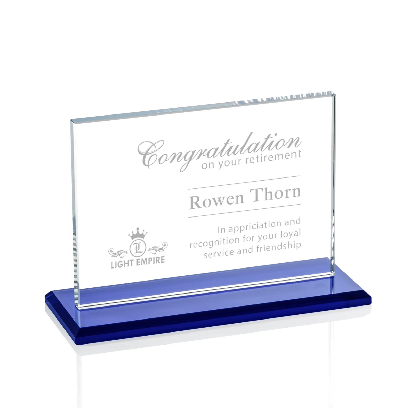 Custom Starfire Crystal Rectangle Award on Sapphire Blue Base, awards for donor appreciation