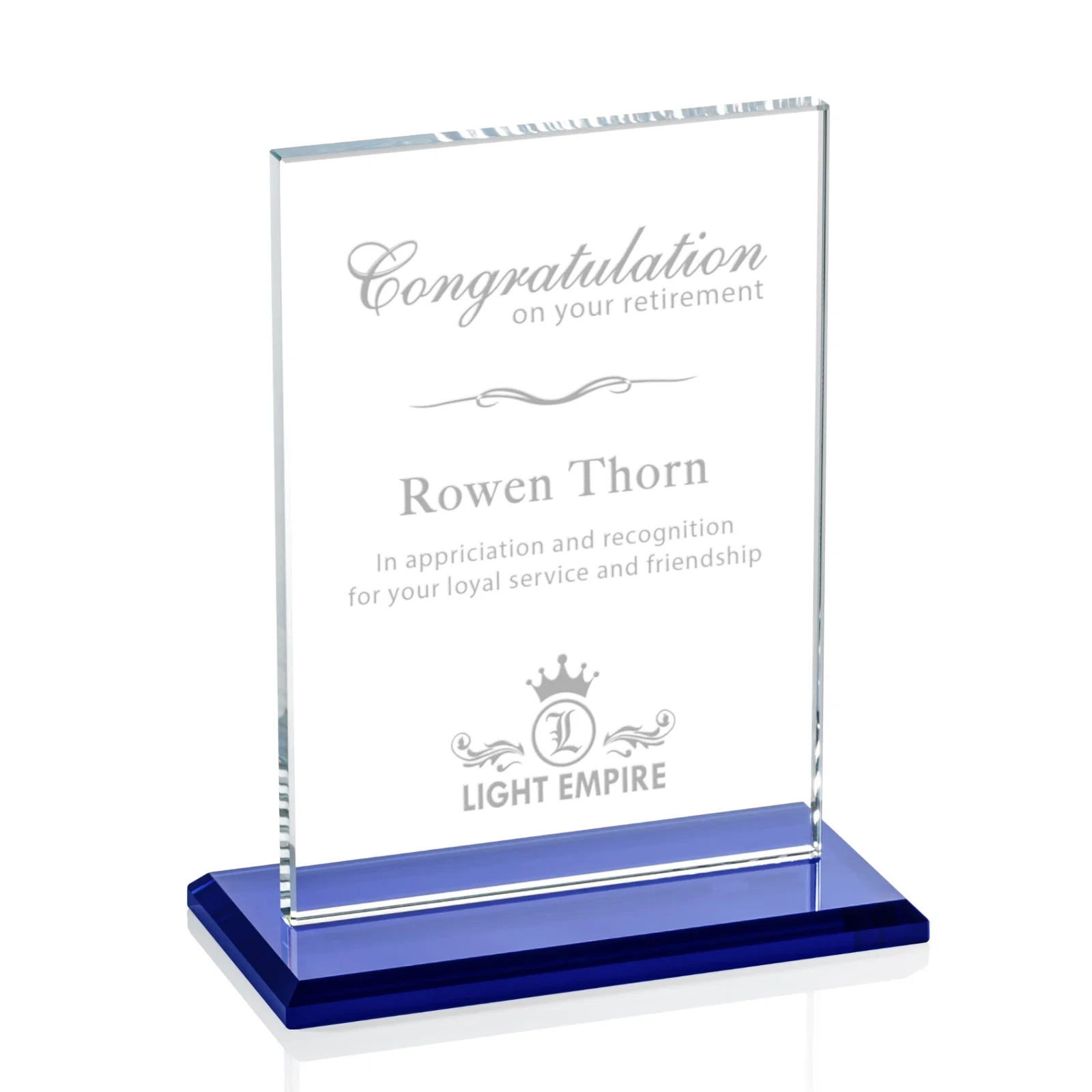 Custom Starfire Crystal Rectangle Award on Sapphire Blue Base, awards for graduation ceremonies