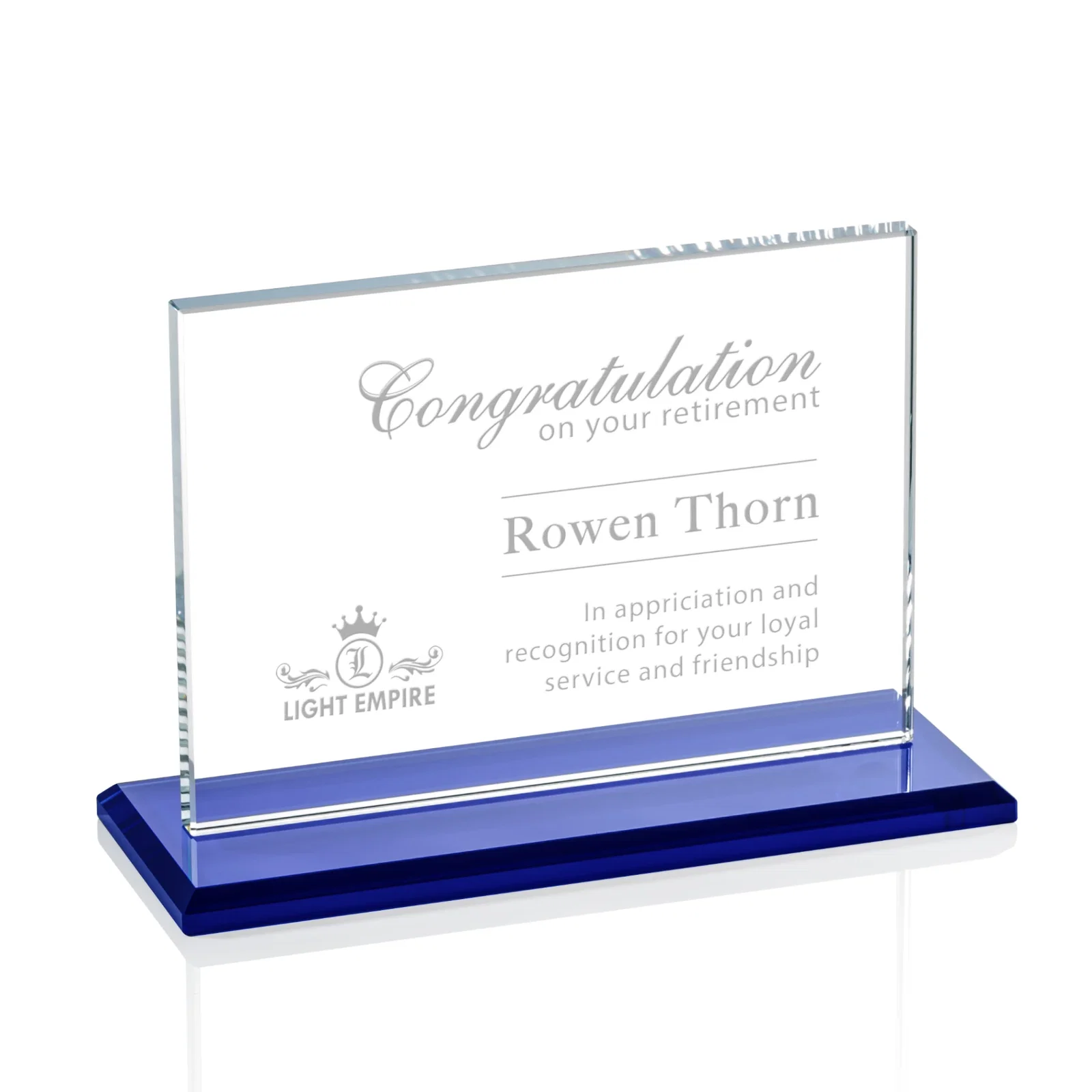 Custom Starfire Crystal Rectangle Award on Sapphire Blue Base, awards for safety achievement programs