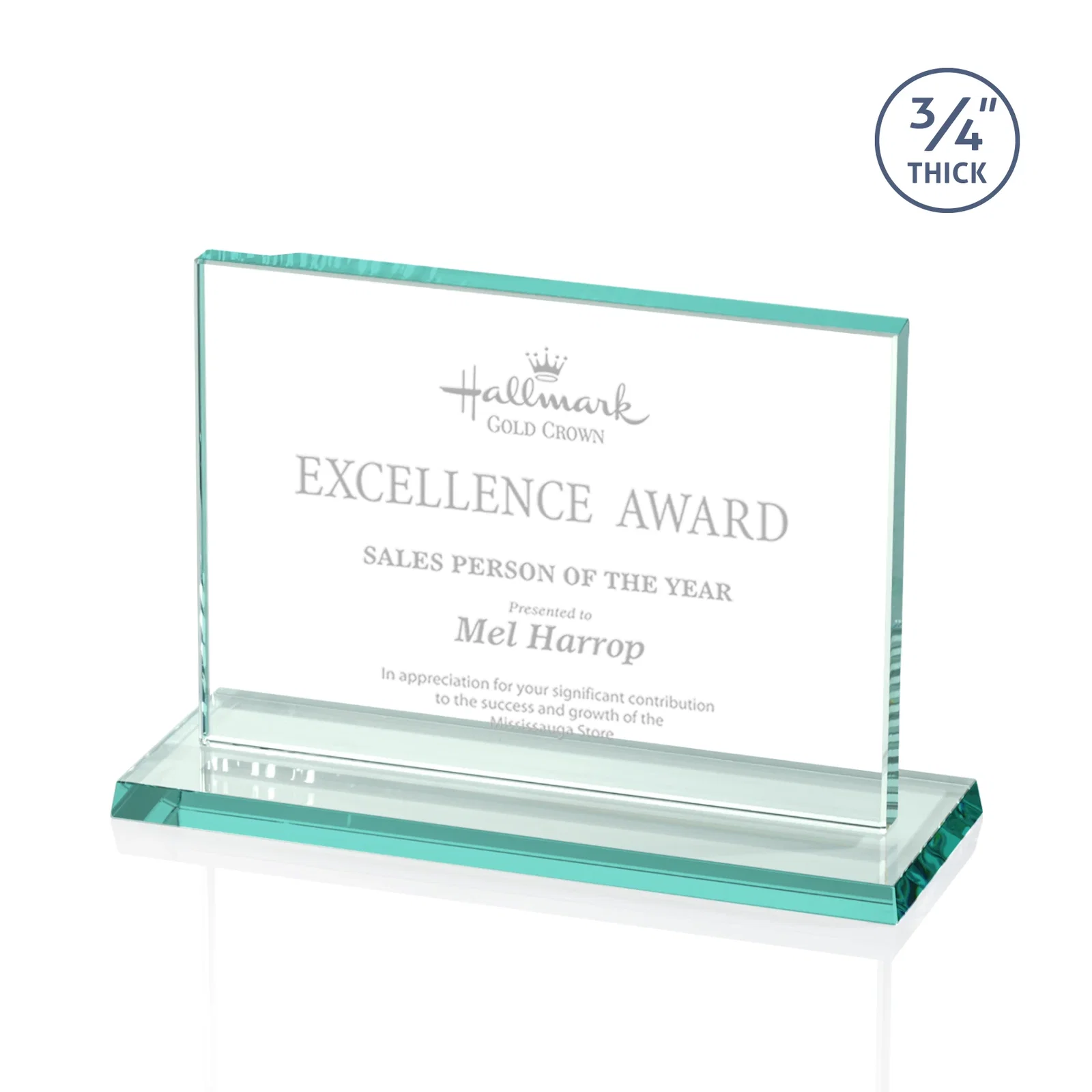 Custom Jade Glass Rectangle Award With a Flat, Unbeveled Edge for retirement presentations